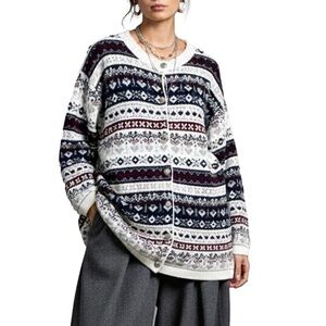 Vintage Carroll Reed acrylic ivory navy burgundy fair isle boxy tunic cardigan L